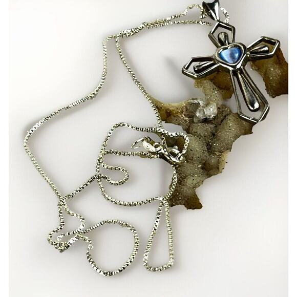 Sterling Silver FACETED STONE CROSS w Center Stone Pendant 925 MO & Necklace VTG - Picture 3 of 14